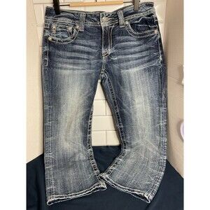 Miss Me Capri Denim Pants Embellished Heavy Stitch Rhinestones Sz 30